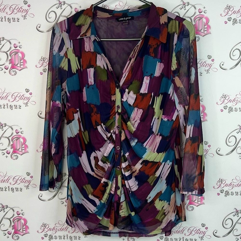 Cable & Gauge top mesh stretchy paint brush stroke Multicolor Abstract Blouse